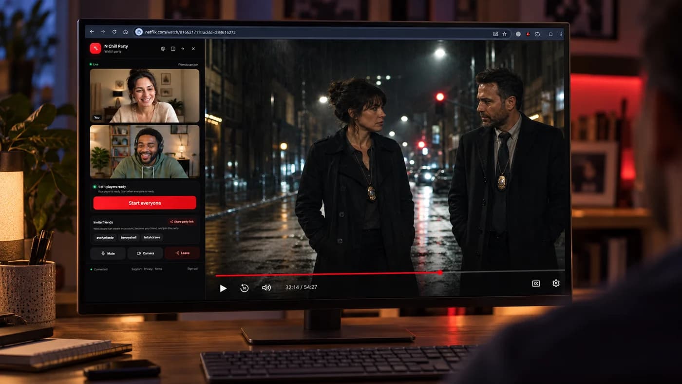 A streaming show beside the N Chill Party panel with two friends on video chat